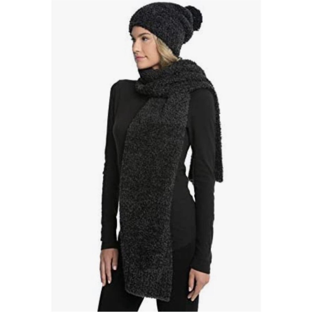 NWT Barefoot Dreams Scarf and Pom Pom Beanie Set in Carbon/Black